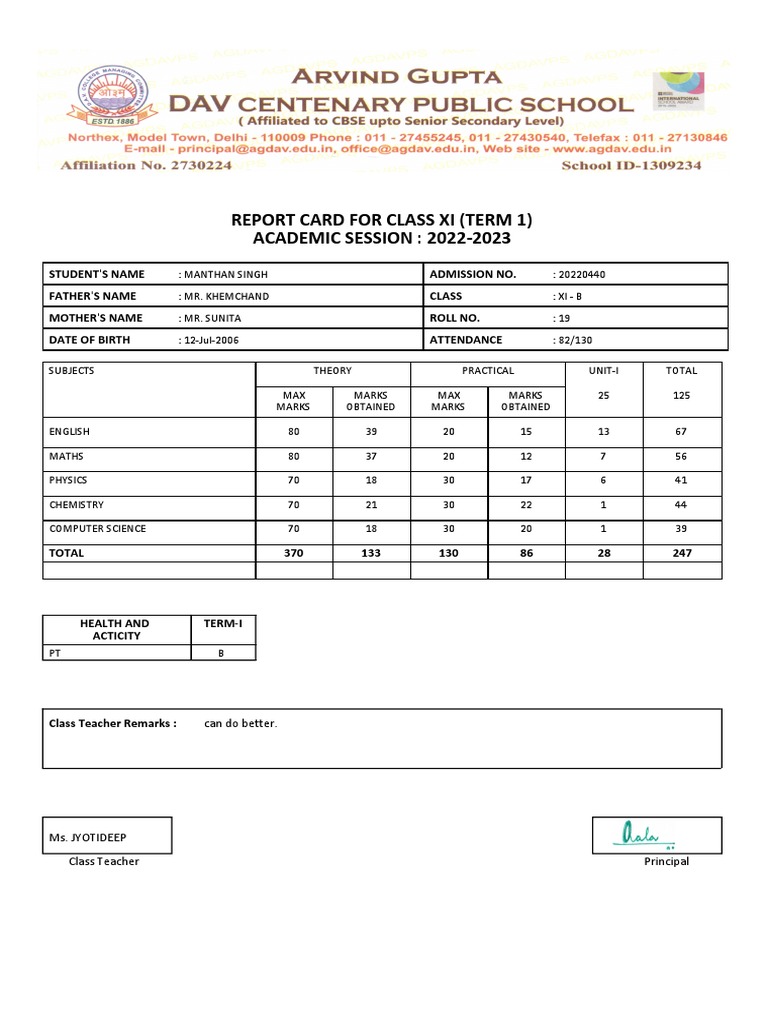 Class 11 Term 1 Report Card | PDF