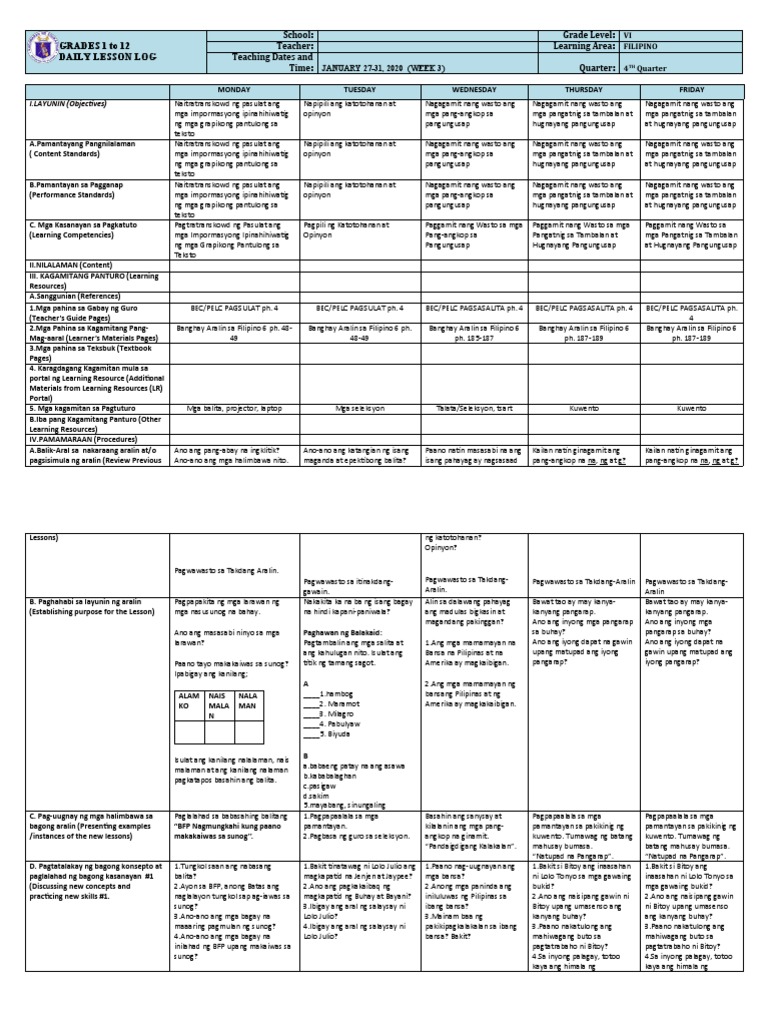 Grade 6 DLL Filipino 6 q4 Week 3 | PDF