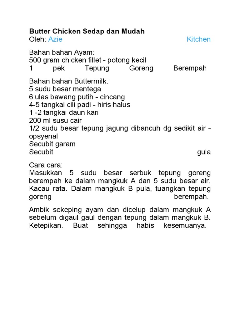 Butter Chicken Sedap Dan Mudah-Resepi Azie Kitchen | PDF