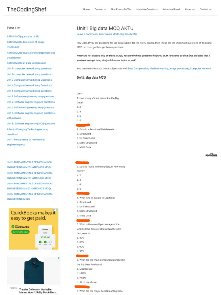 Thecodingshef Unit1 Big Data MCQ Aktu PDF Apache Hadoop Big Data