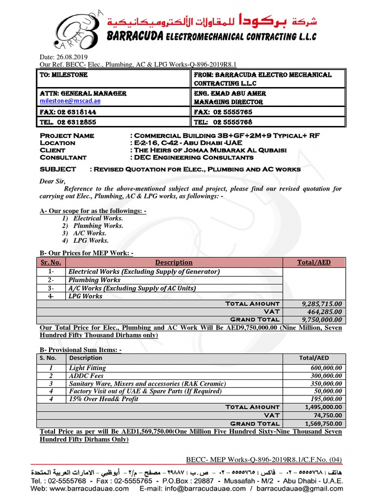 Revised MEP Quotation for Abu Dhabi Project | PDF | Ac Power Plugs And ...