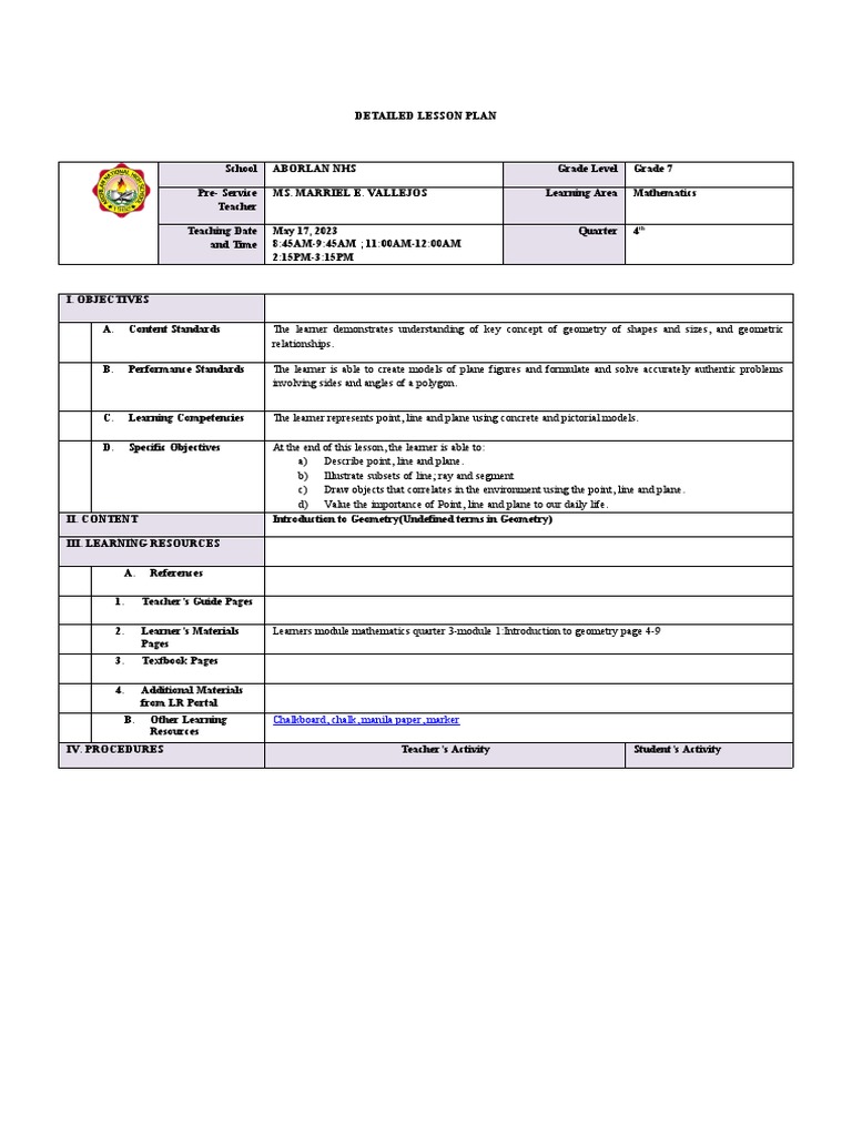 Grade 7 Geometry Lesson Plan | PDF | Line (Geometry) | Geometry