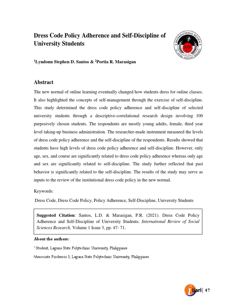 Dress Code Policy Adherence and Self Dis 1f4d0777 PDF Disciplines