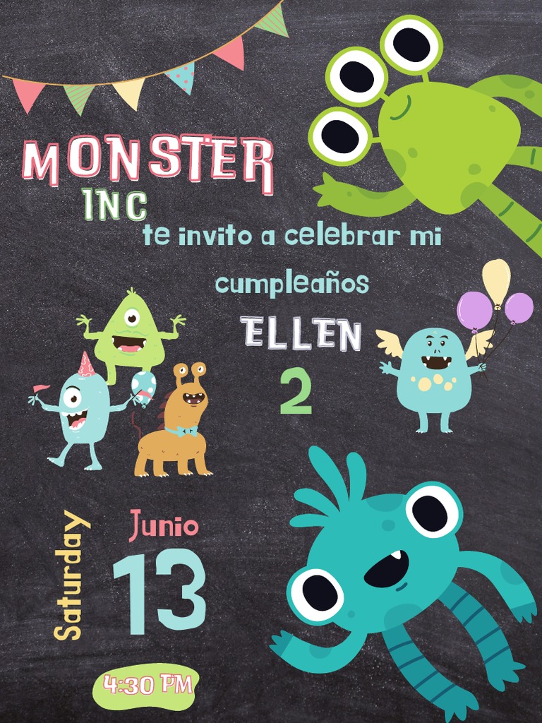 Colourful Monster Theme Kids Birthday Party Invitation | PDF