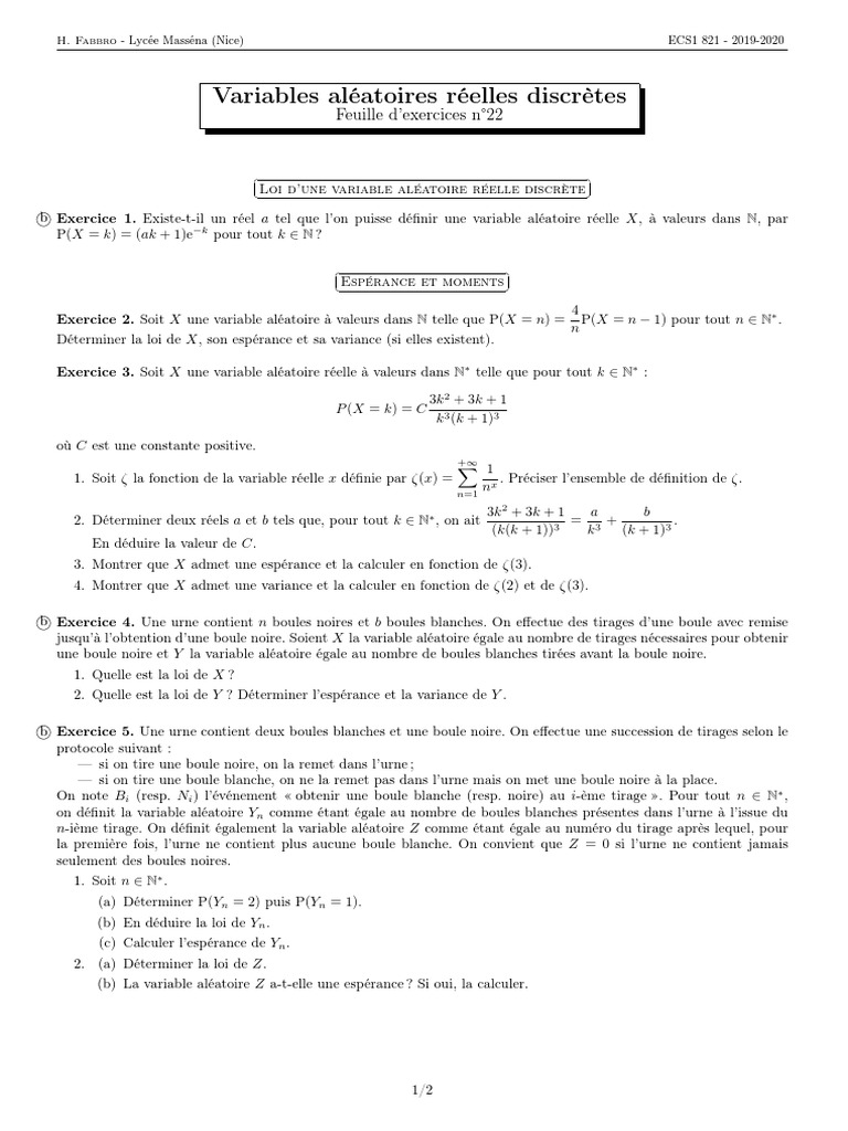 Exercices sur les Variables Aléatoires Discrètes | PDF | Variance ...