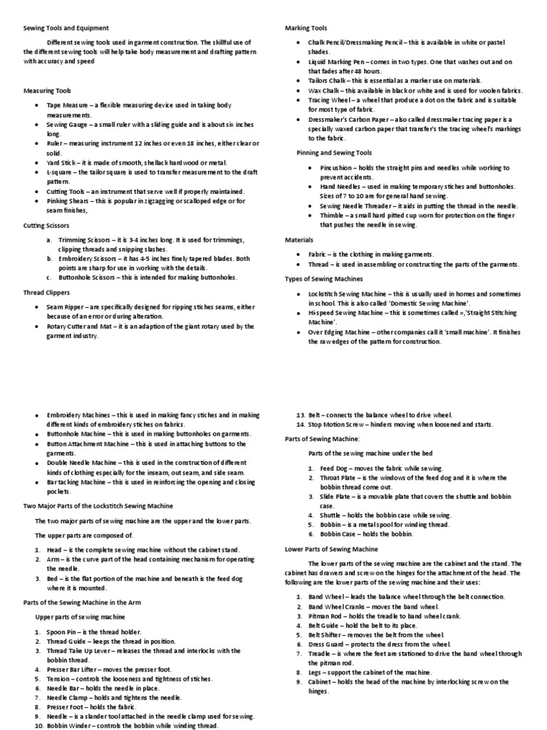 Sewing Tools and Equipment PDF Sewing Machine Sewing