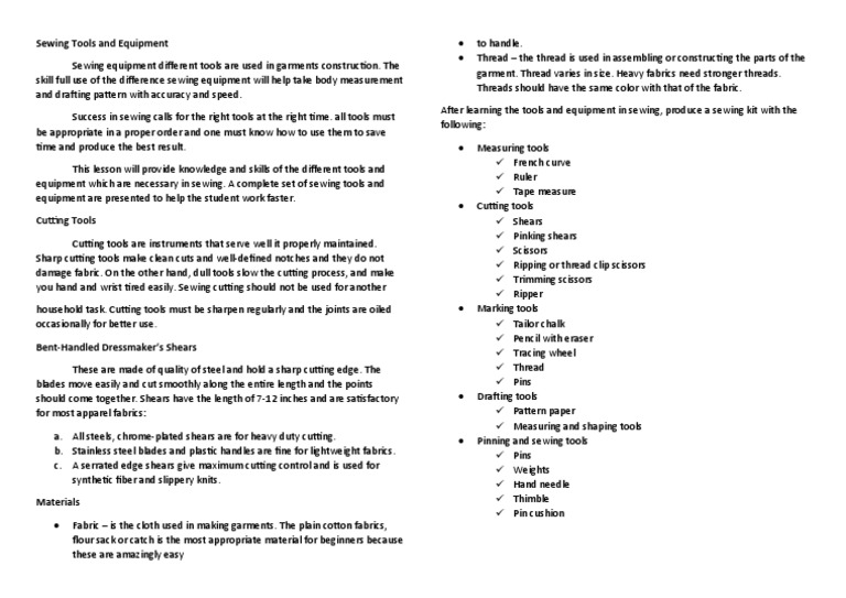 Sewing Tools and Equipment 2 PDF Sewing Yarn