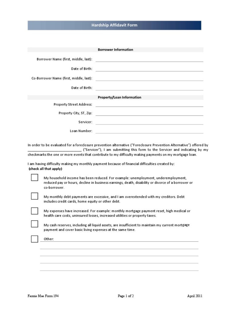 Fannie Mae Hardship Affidavit | PDF | Foreclosure | Mortgage Loan