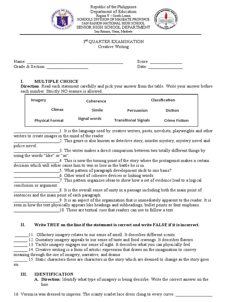 3rd Quarter Exam in Creative Writing PDF Senses Cognitive Science