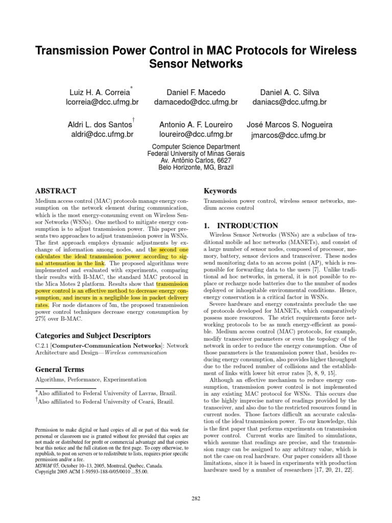 Transmission Power Control in MAC Protocols PDF Wireless Sensor
