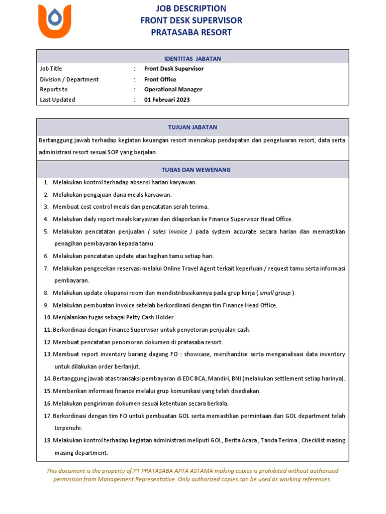 Job Description Front Desk SPV | PDF