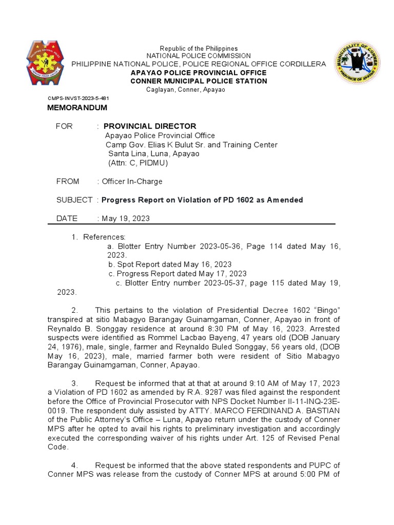 Second PROGRESS REPORT PD 1602 Guinamgaman | PDF | Crimes | Crime ...