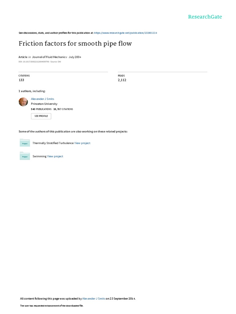 Friction Factors For Smooth Pipe Flow PDF Reynolds Number Turbulence