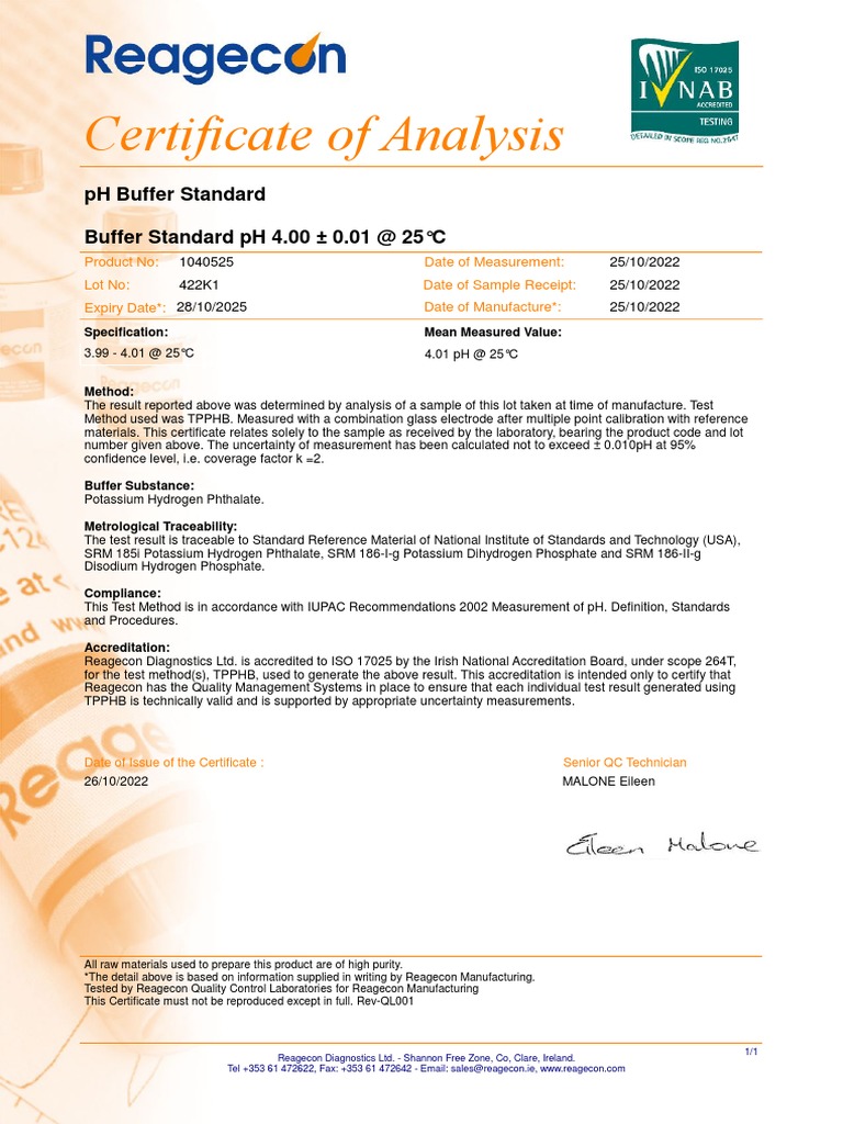 Reagecon pH Buffer Certificate of Analysis | PDF | Ph | Metrology