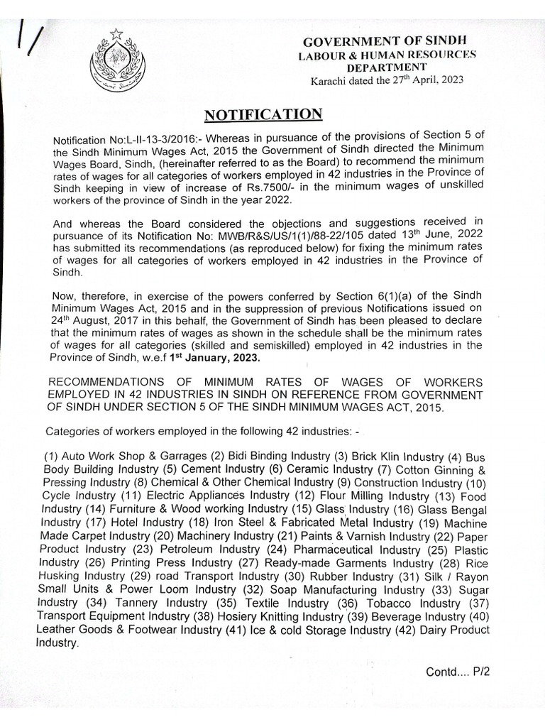 Minimum Wage Notification W.E.F 01012023 PDF