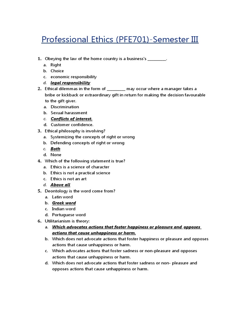 Professional Ethics MCQ Review | PDF | Morality | Applied Philosophy