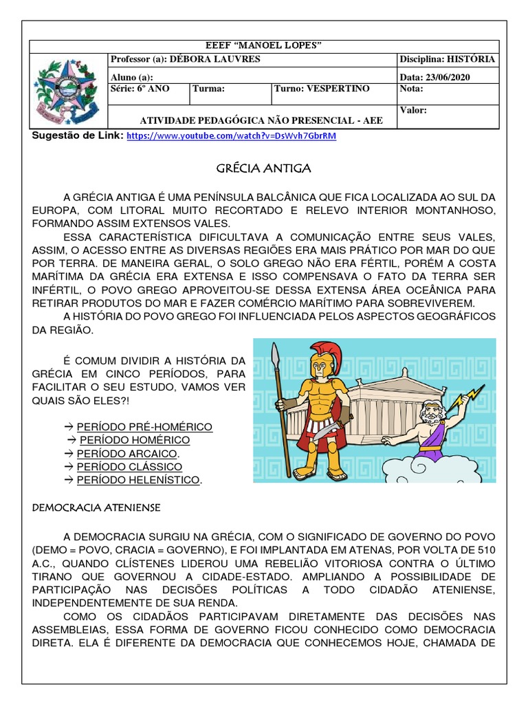 Atividades sobre a Grécia Antiga 6º Ano | PDF | Grécia Antiga | Grécia