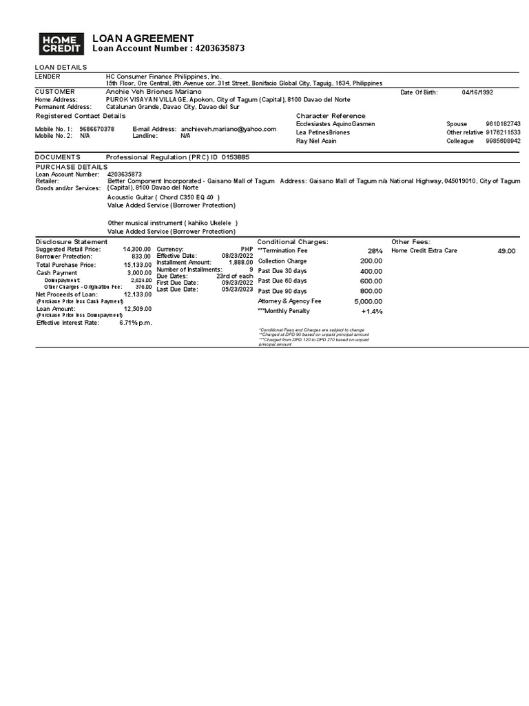 Loan Agreement for Musical Instruments | PDF | Loans | Credit
