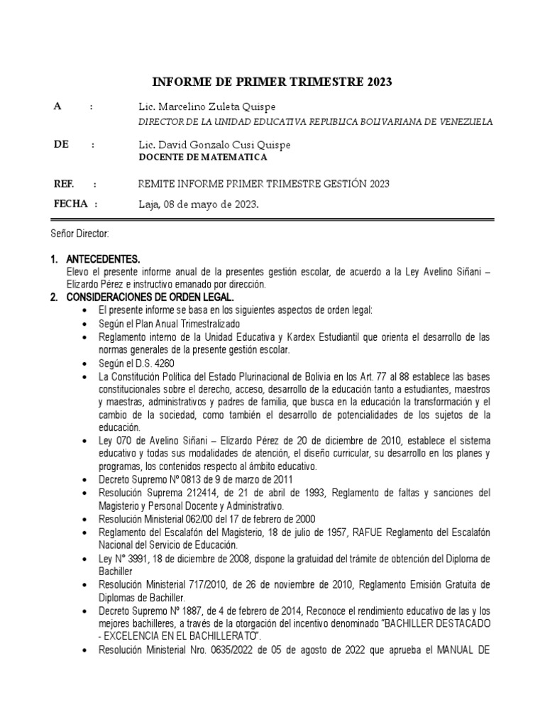 Informe de Primer Trimestre 2023 - David Cusi | PDF | Enseñando | Salón ...