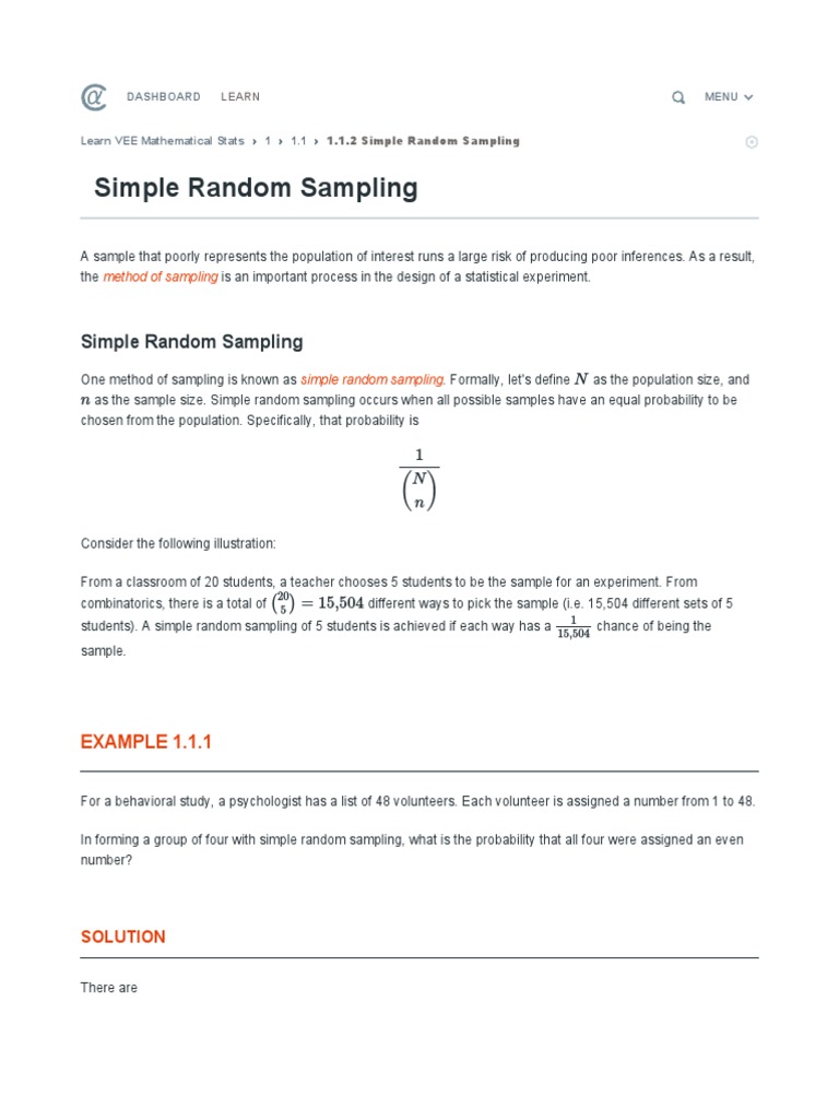 Simple Random Sampling | PDF | Sampling (Statistics) | Probability