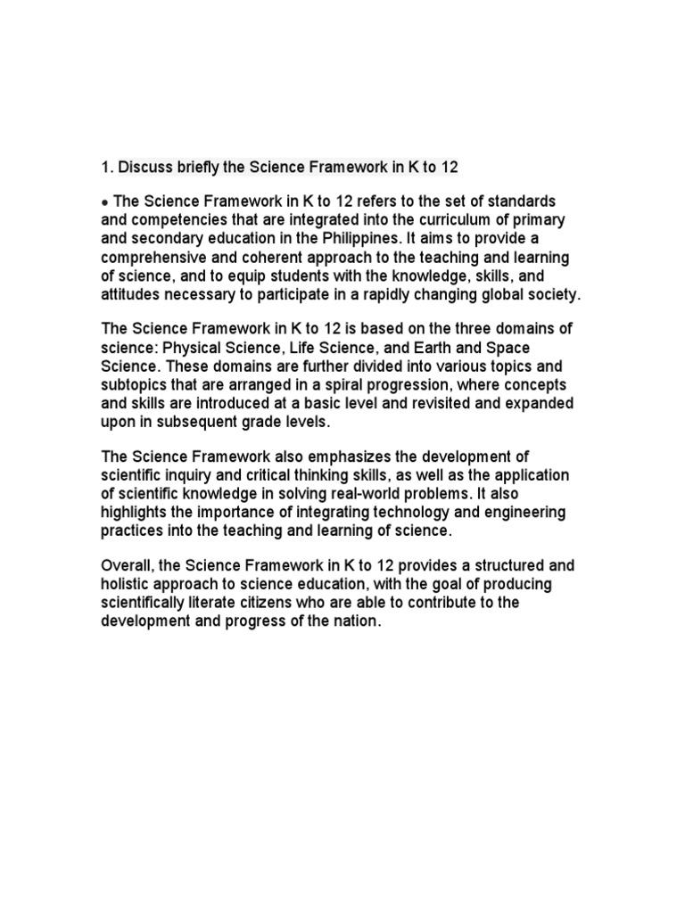 Discuss Briefly The Science Framework in K To 12 | PDF | Science ...
