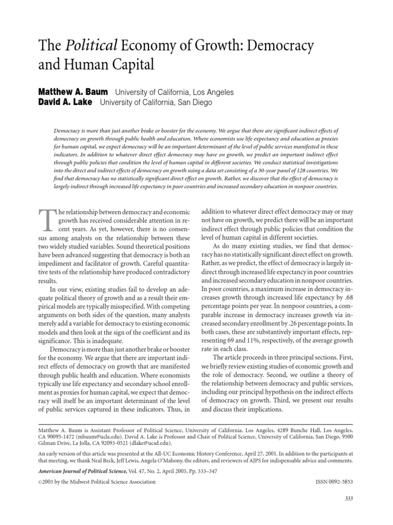 The Political Economy of Growth-Democracy and Human Capital | PDF ...