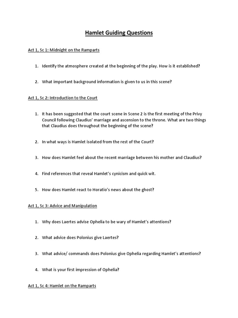 Hamlet Study Guide Questions | PDF | Hamlet | Plays Based On European ...