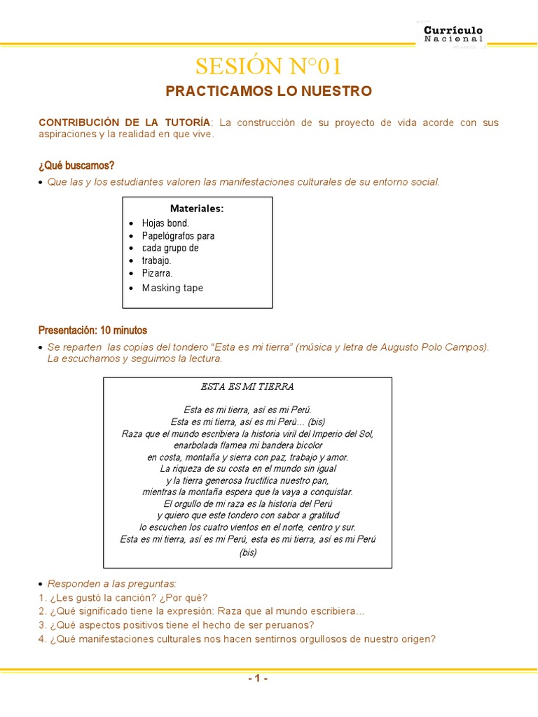Sesion Tutoria 1 para Primer Grado PDF Perú