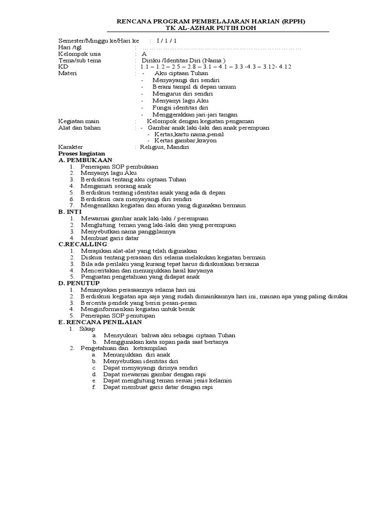 RPPH TK: Identitas Diri Anak Usia Dini | PDF