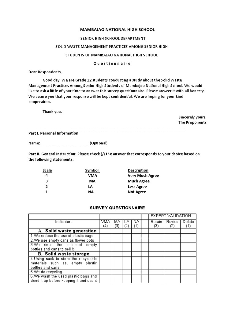 Survey Questionnaire PDF Municipal Solid Waste Waste