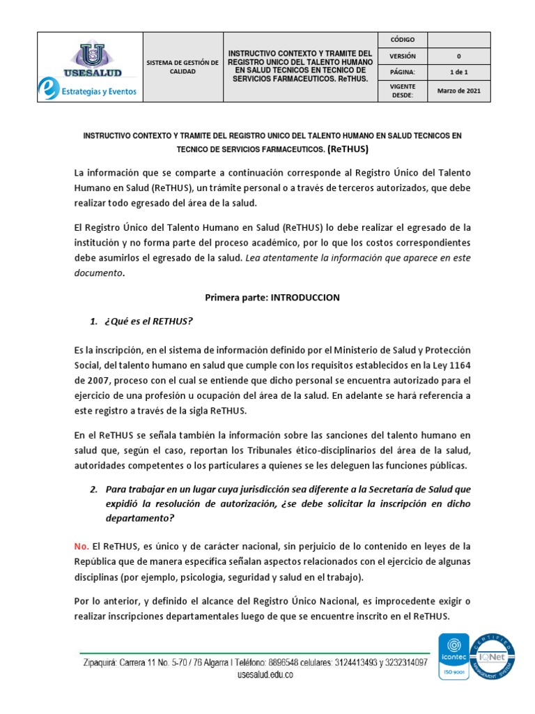 INSTRUCTIVO TRAMITE RETHUS SERVICIOS FARMACEUTICOS vCORTA | PDF ...