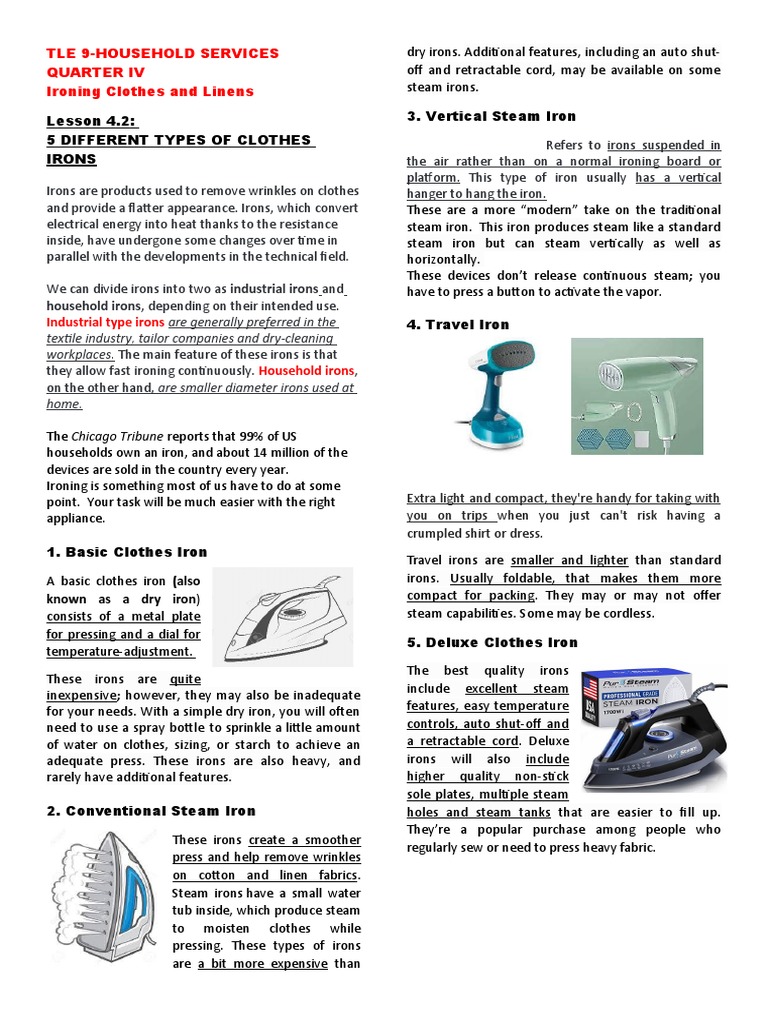 HANDOUTS 4.2 5 Different Types of Irons | PDF | Steam | Clothing