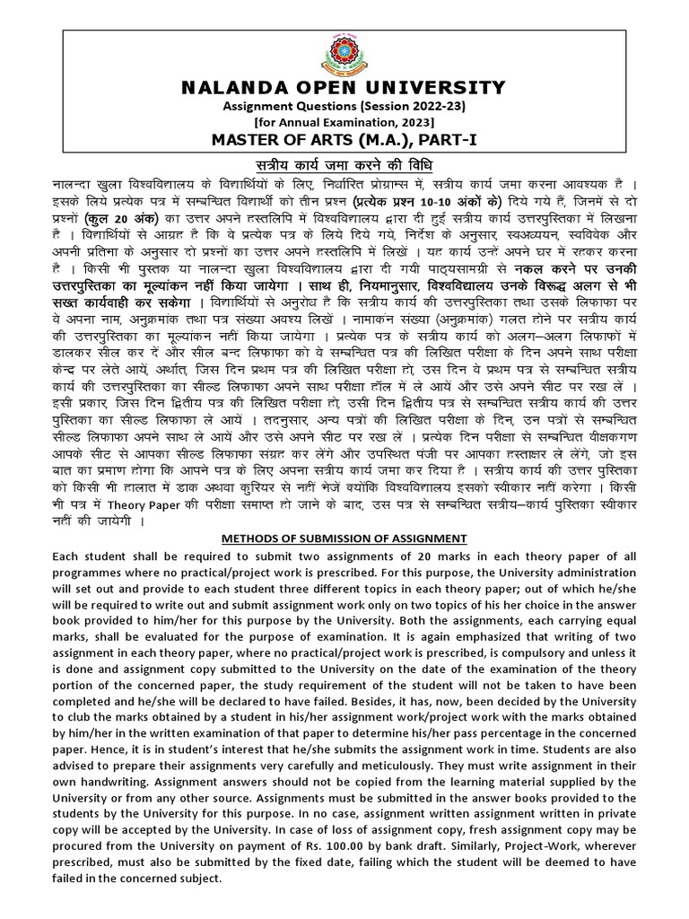 MA Part-I Assignment Question For Examination-2023 | PDF