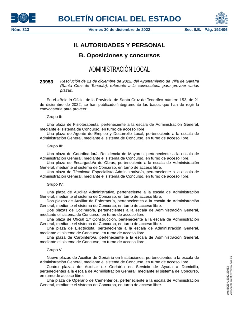 Anuncio en El BOE de 30 de Diciembre de 2022 Plaza de Fisioterapeuta y AEDL PDF