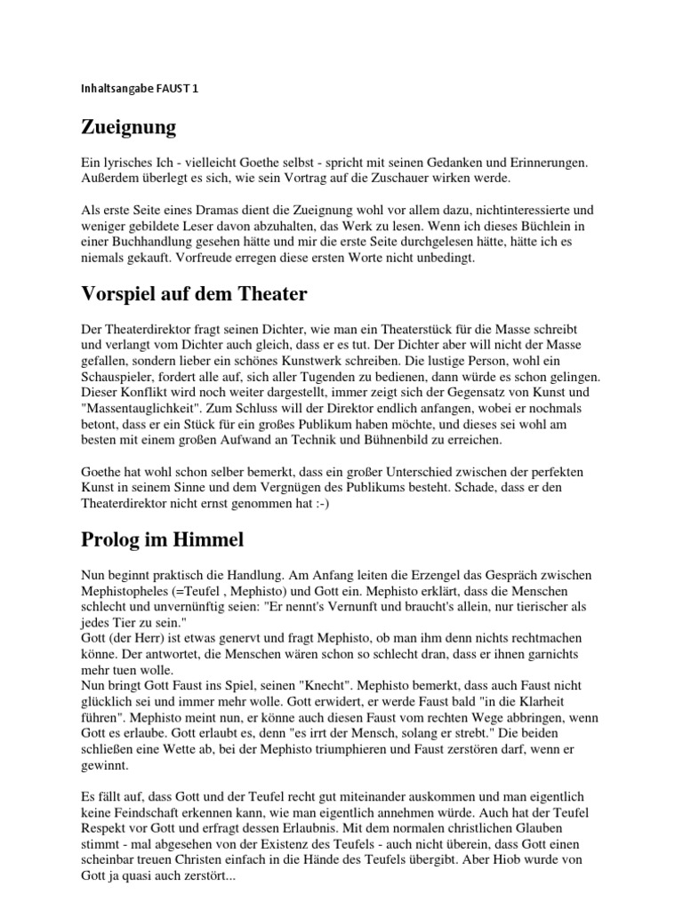Inhaltsangabe FAUST 1 Goethe's Faust Religion And Belief