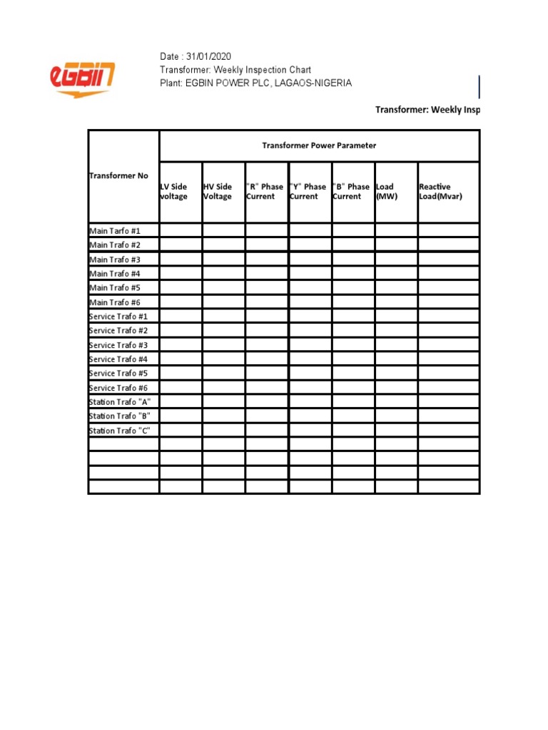 Electrical Maintenance Transformer Weekly Inspection | PDF