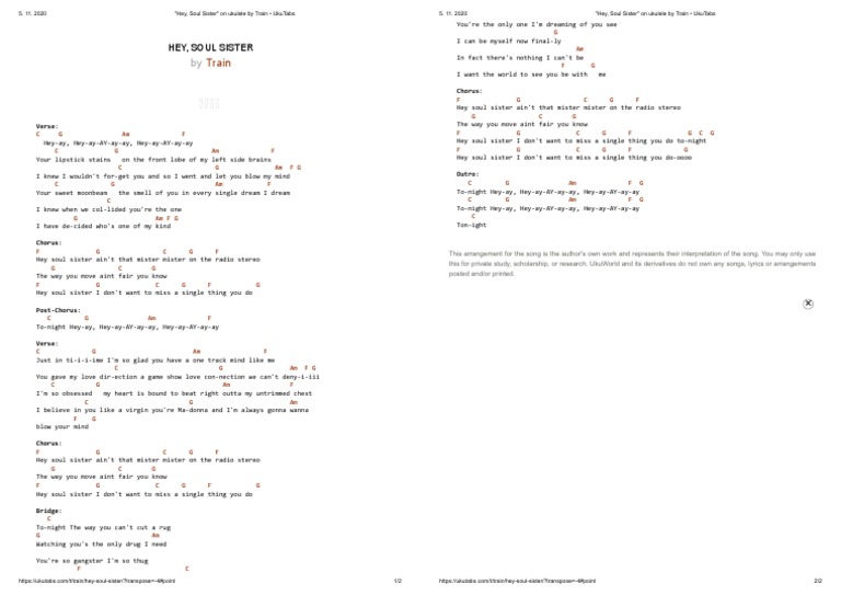 Hey, Soul Sister On Ukulele by Train UkuTabs PDF Musical Forms