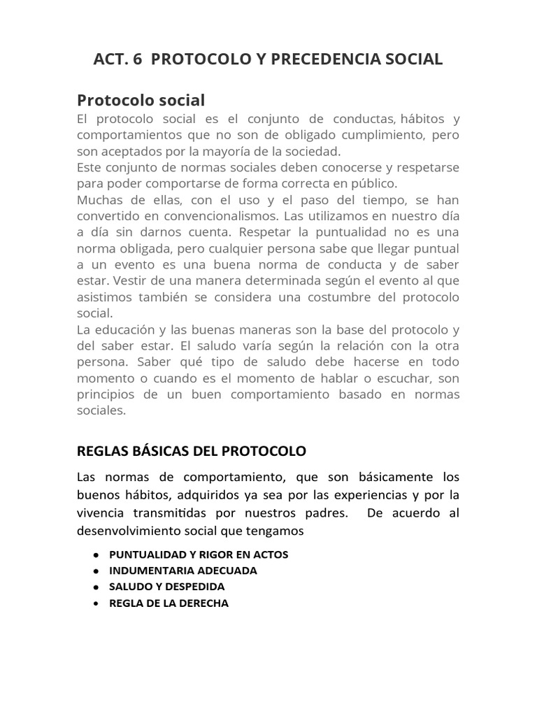 ACTIVIDAD 6 Protocolo y Precedencia Social | PDF | Comportamiento