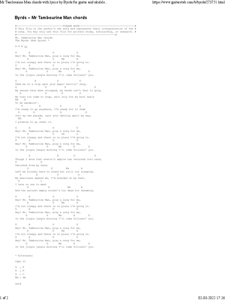 MR Tambourine Man Chords With Lyrics by Byrds For Guitar and Ukulele at