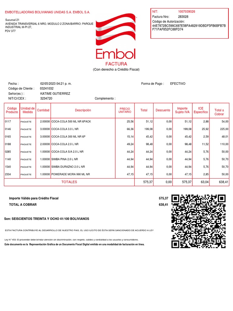Factura de Compra de Bebidas EMBOL | PDF