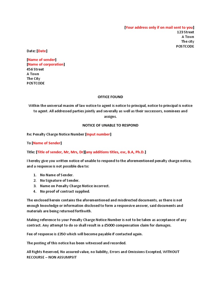 Notice of Unable To Respond Template - Parking Ticket | PDF