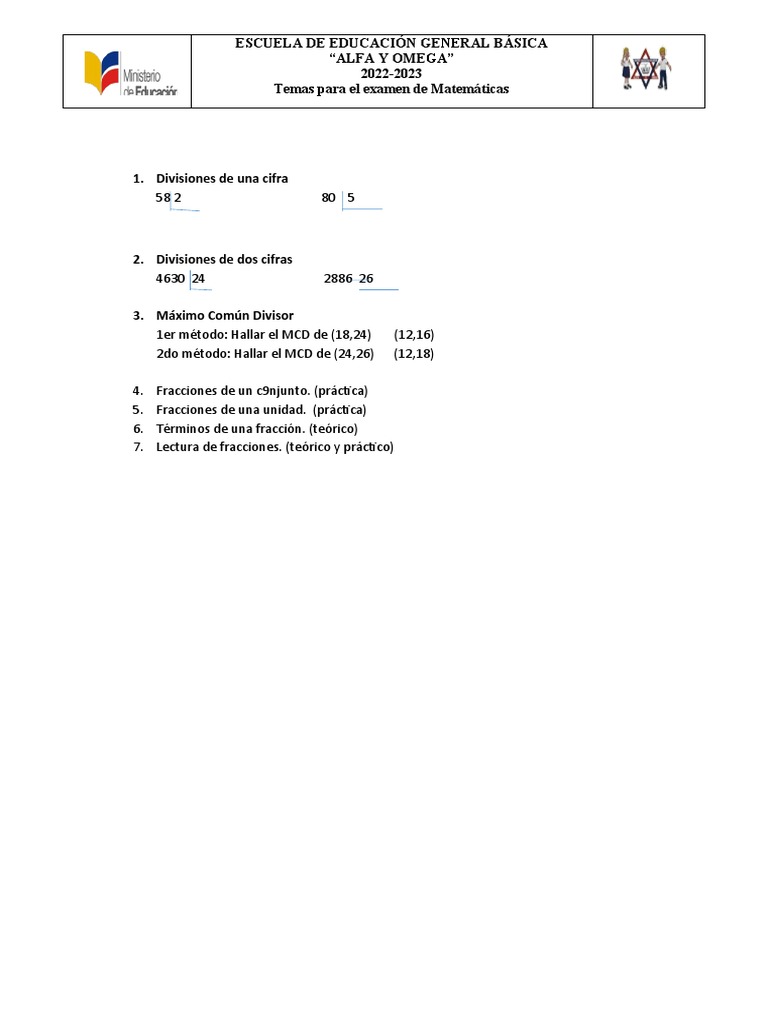 Temas para el examen de matem ticas 5to pdf