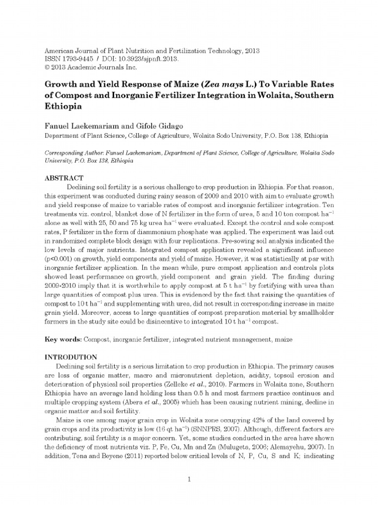 Growth and Yield Response of Maize (Zea Mays L.) To Variable Rates of ...