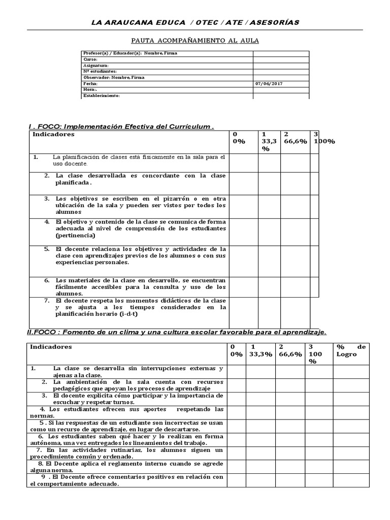 PAUTA DE ACOMPAÑAMIENTO AL AULA Profesores Chile | PDF | Salón de ...