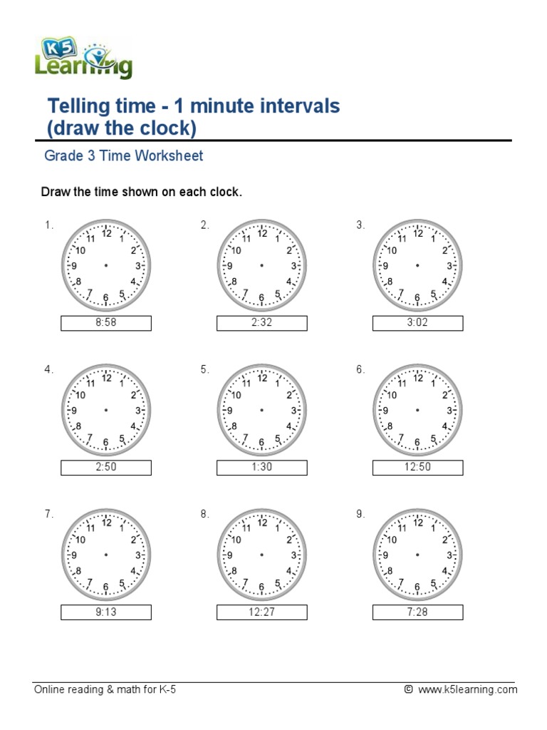 Grade 3 Telling Time 1 Minute Draw Clock A PDF