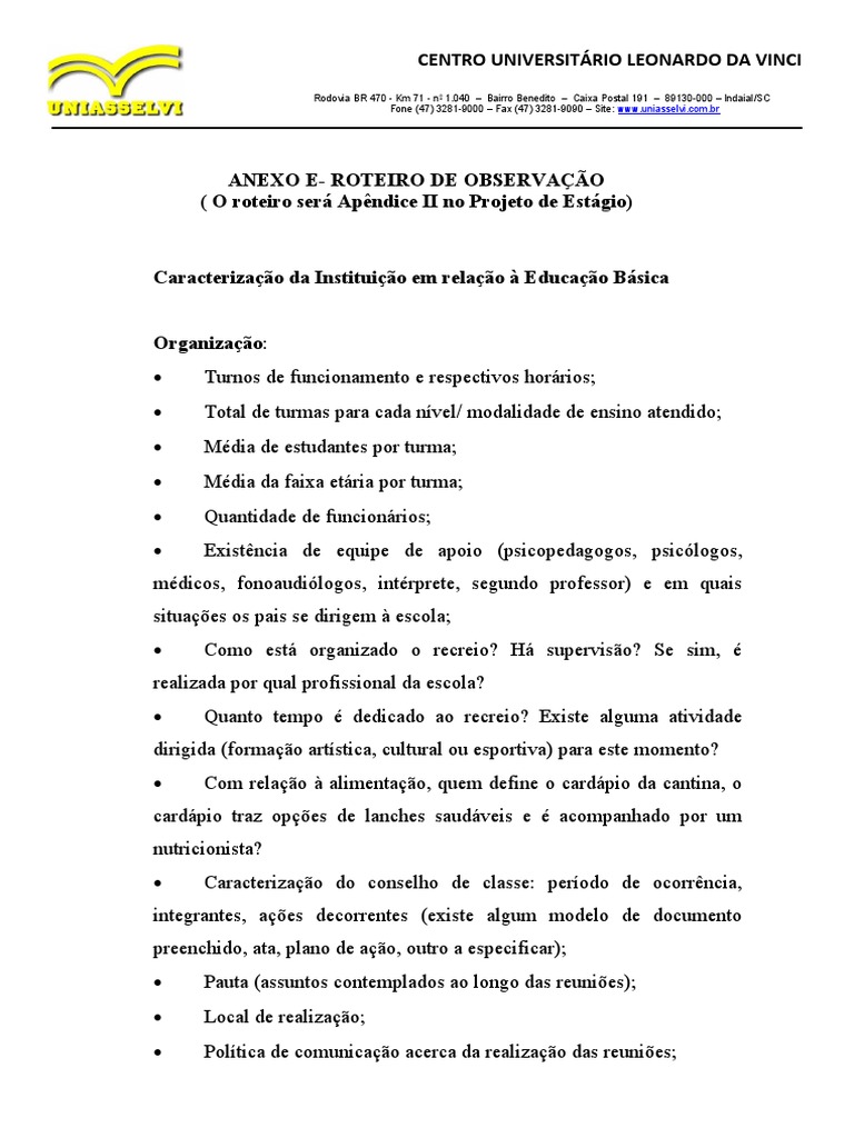 Anexo 3 - Roteiro de Observacao | PDF | Pedagogia | Escolas