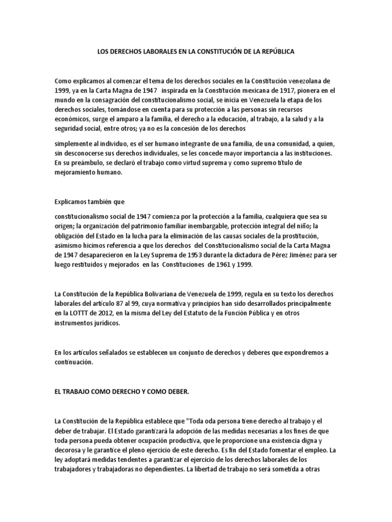 Los Derechos Laborales en La Constitución de La República | PDF ...