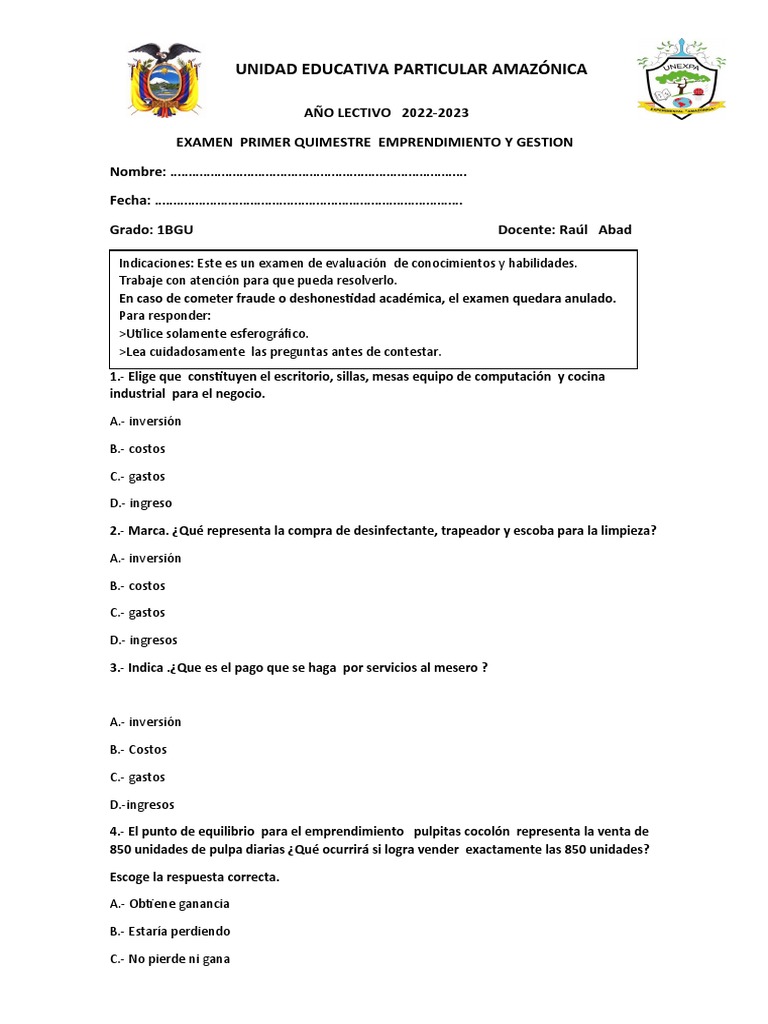 EVALUACIÓN DIAGNÓSTICA DE EMPRENDIMIENTO Y GESTION 1RO online exercise for