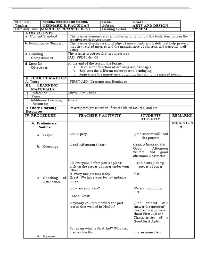 First Aid: Dressing and Bandages Lesson | PDF | First Aid | Diseases ...