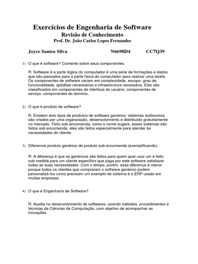 Exercício Eng. Soft | PDF | Testes de software | Engenharia de Software